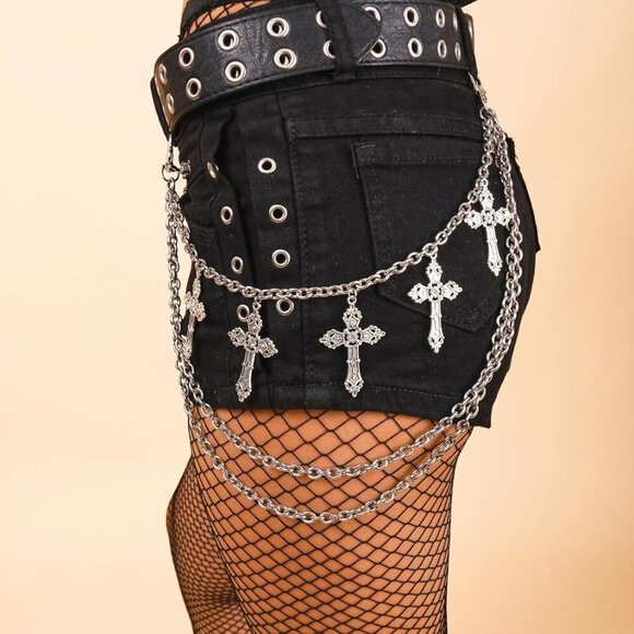 Unisex Grunge Punk Wallet Chain - Lightweight Silver-tone Layered Cross Design - Picture 2 of 6